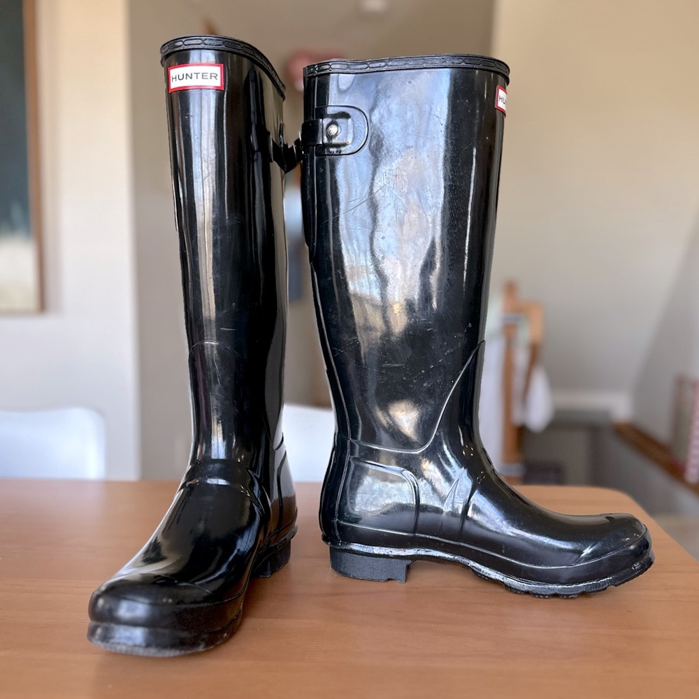 Hunter Black Original Back Adjustable Gloss Rain Boots size 9